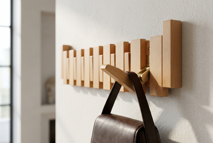 Beech rack with brass pivot hardware and a brown leather handbag hanging from a folded hook 13
