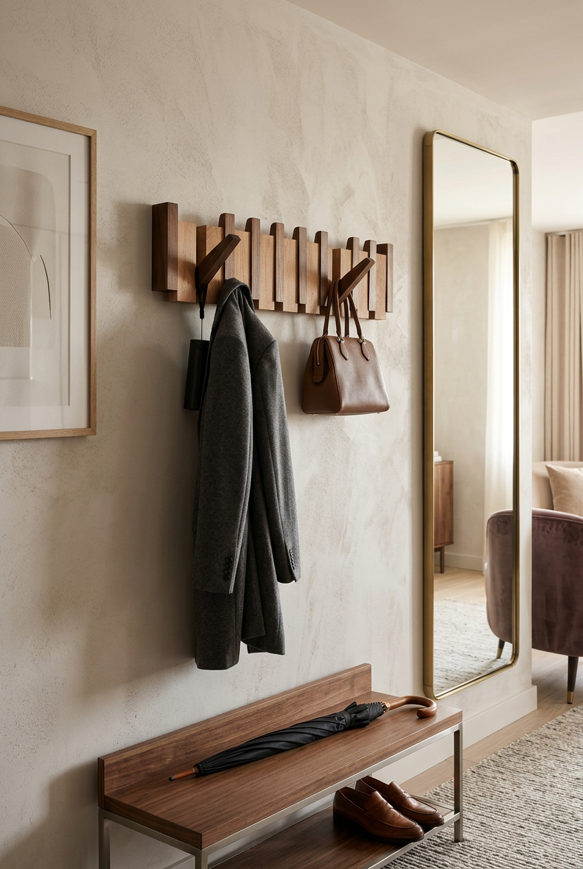 Walnut wall rack in an entryway holding a gray coat and brown handbag above a bench 1