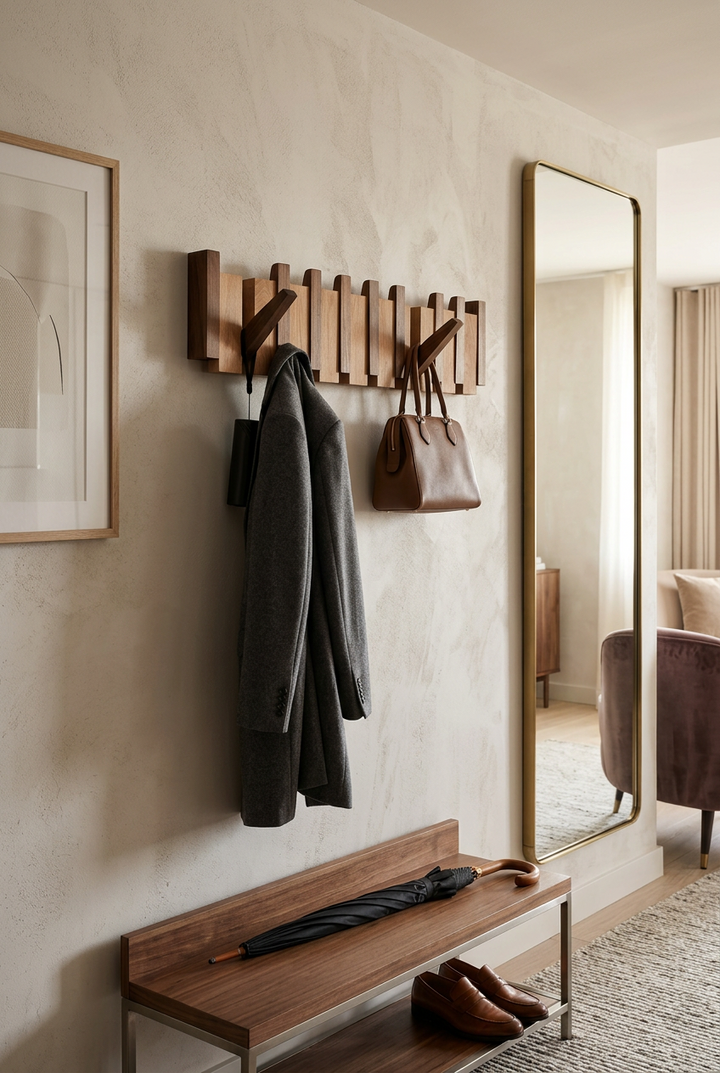 Walnut wall rack in an entryway holding a gray coat and brown handbag above a bench 1