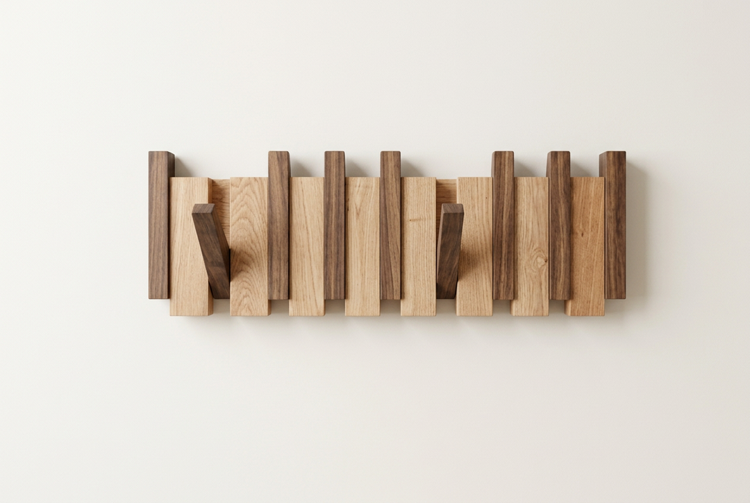 Two-tone rack of light oak and dark walnut blocks with two hooks folded down 11
