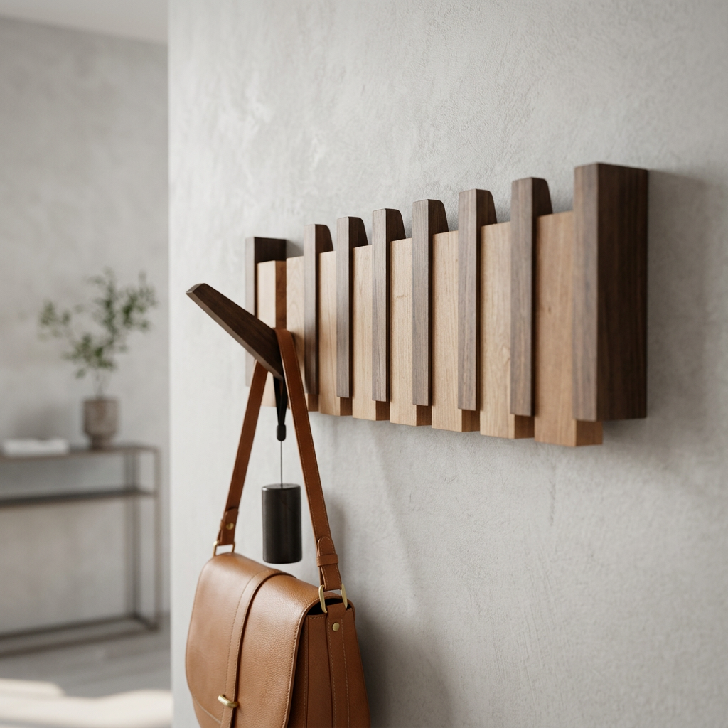 Two-tone wooden rack with a tan leather shoulder bag hanging from one folded-out hook 11