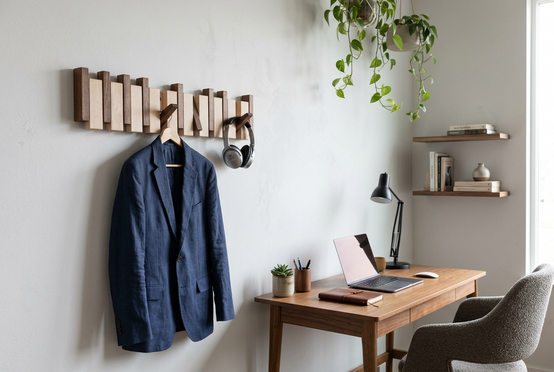 Two-tone wooden rack on a gray wall holding a blue blazer and headphones above a home office desk 1