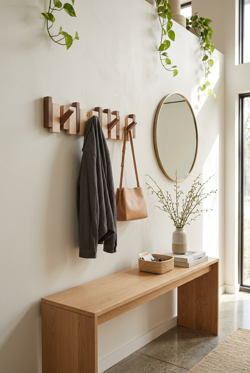 Wooden hook rack on an entryway wall holding a gray jacket and tan shoulder bag above a bench 1