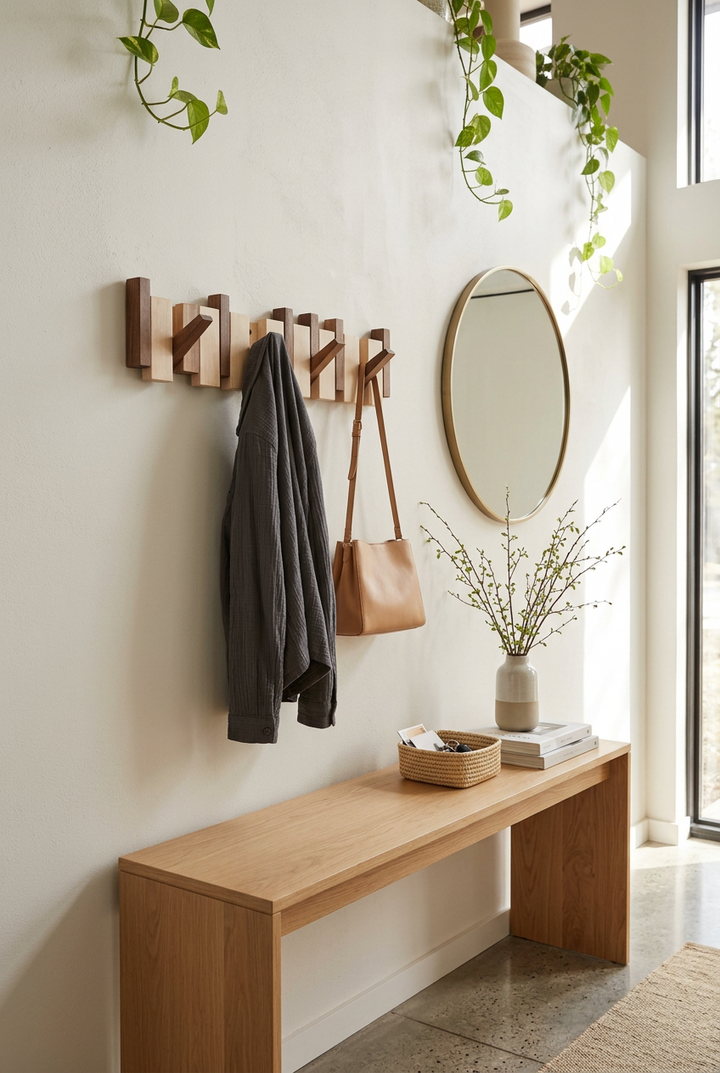 Wooden hook rack on an entryway wall holding a gray jacket and tan shoulder bag above a bench 1