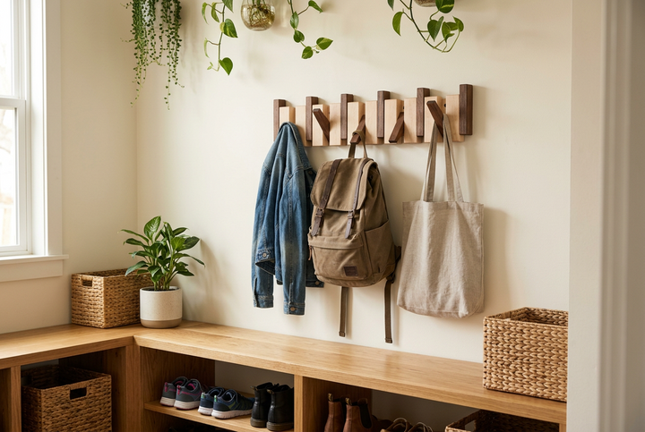 Two-tone wooden hook rack in an entryway holding a denim jacket, canvas backpack and linen tote 1