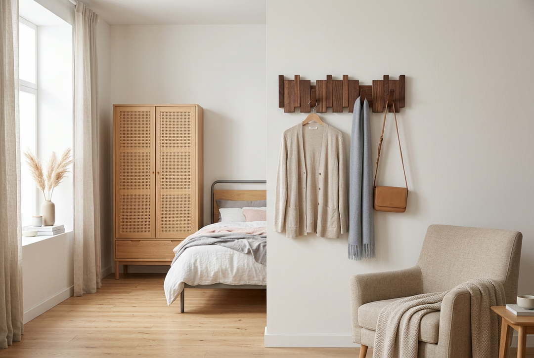 Dark wood rack mounted in a bright bedroom, holding a cardigan on a hanger, a gray scarf and a tan crossbody bag 1