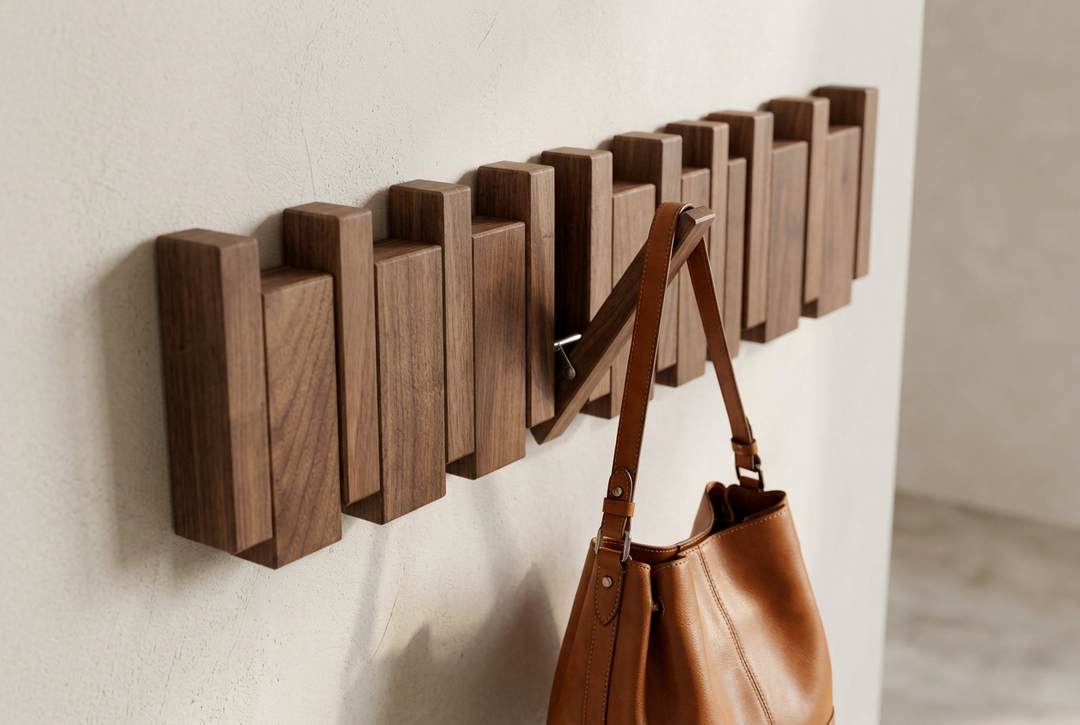 Walnut rack with one hook folded out holding a tan leather tote, angled close-up 12