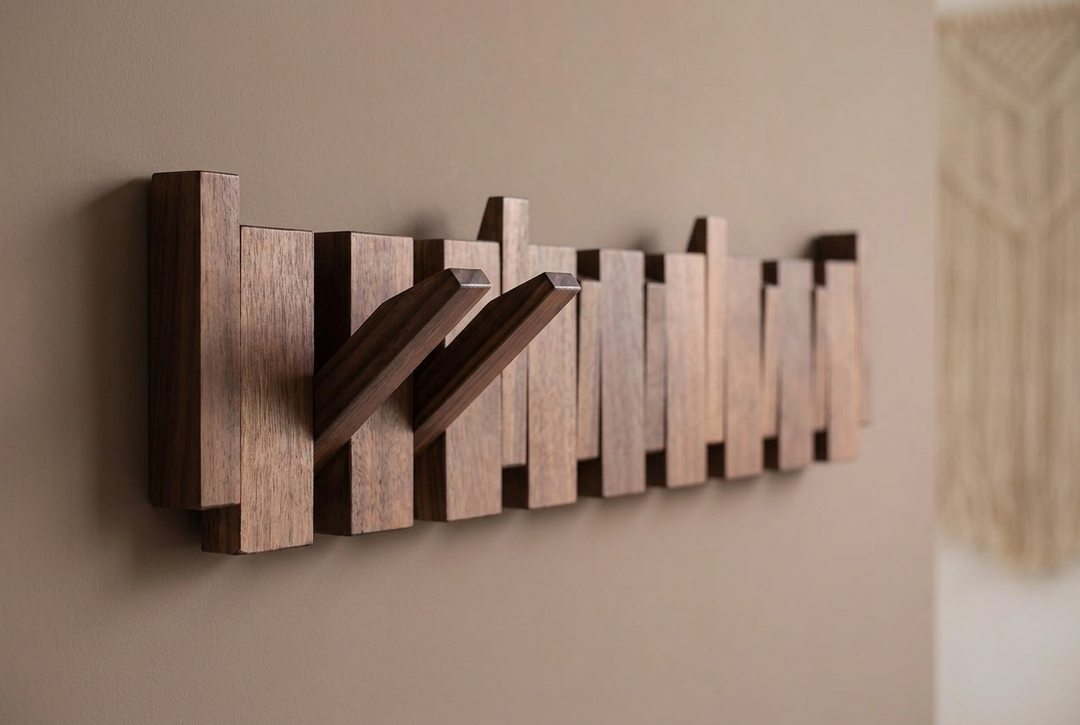 Same walnut rack with two hooks out, with a blurred macramé wall hanging in the background 13