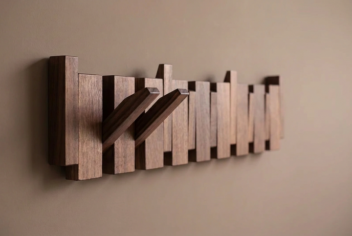Angled view of an all-walnut rack on a taupe wall with two hooks folded out 12