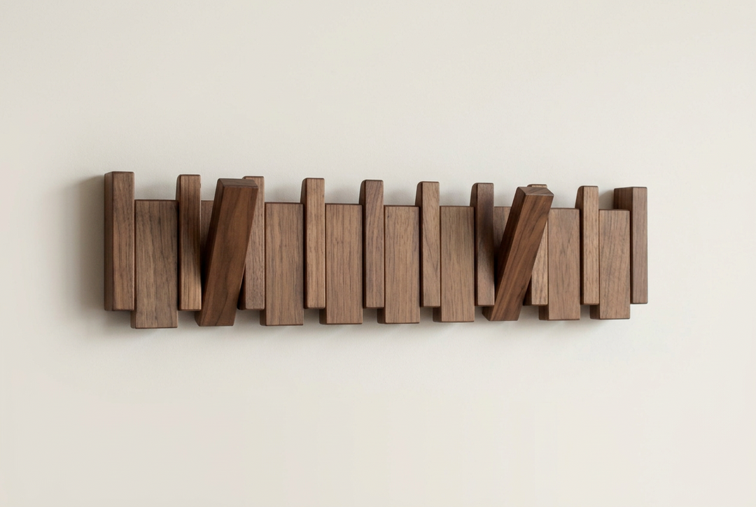 Walnut rack with two hooks swung out, the rest of the blocks sitting flush 12