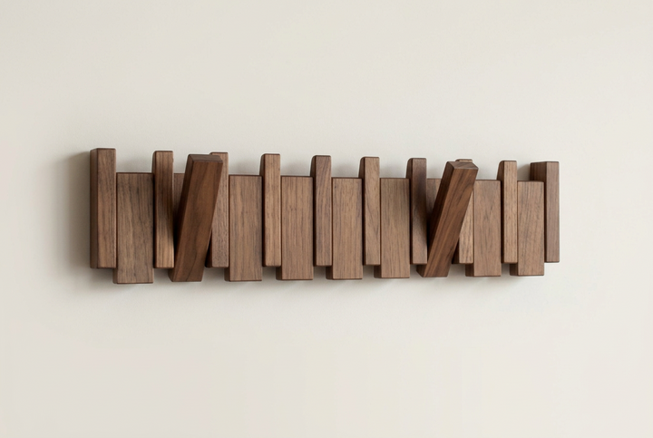 Walnut rack with two hooks swung out, the rest of the blocks sitting flush 12