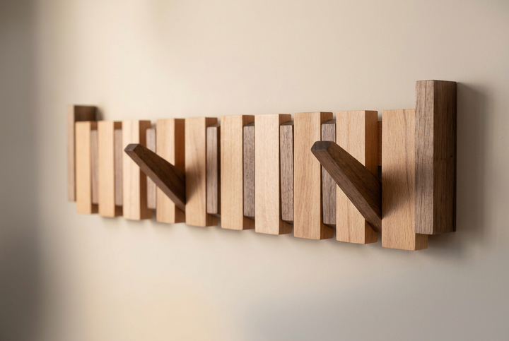 Angled view of a two-tone rack with pale blocks and two dark walnut hooks folded out 11