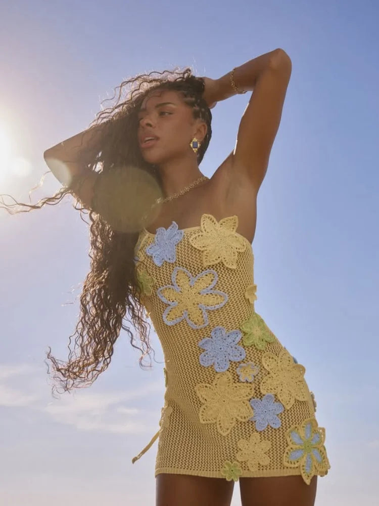 Yellow crocheted summer mini dress with floral embroidery for women – Nari-S-Nora Luxe