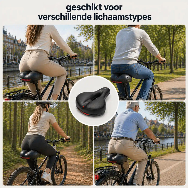 Collage of four riders of different builds on the saddle, with the saddle pictured in the center. 11