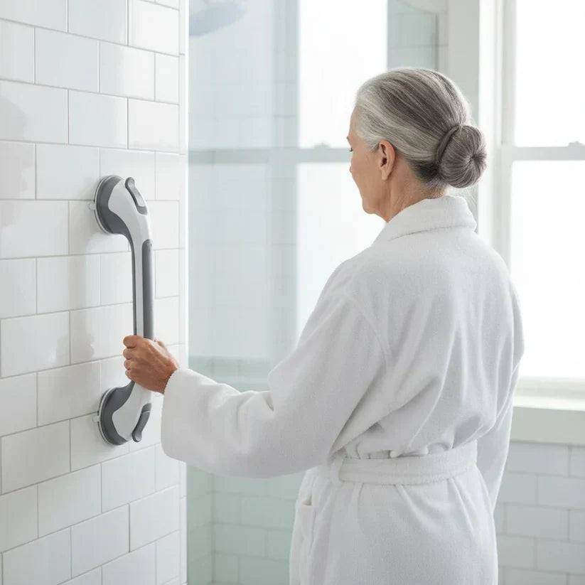 Older woman in a white robe holds the grab bar mounted vertically on a tiled shower wall.