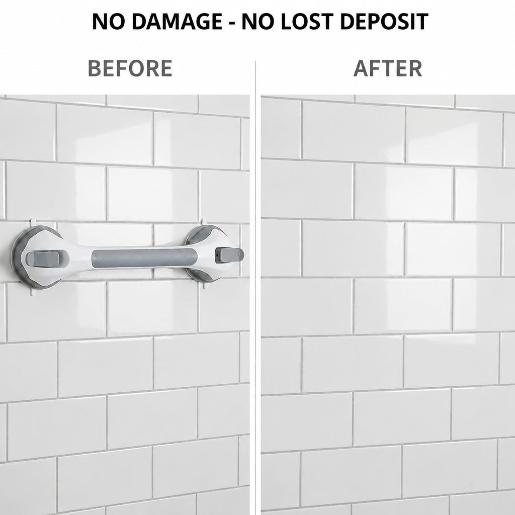 Before-and-after comparison of a white tile wall with the grab bar attached and removed.