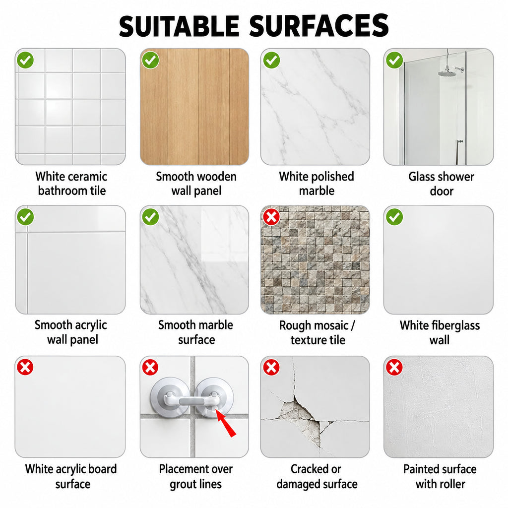 Chart showing which surface samples work with the suction grab bar and which do not.