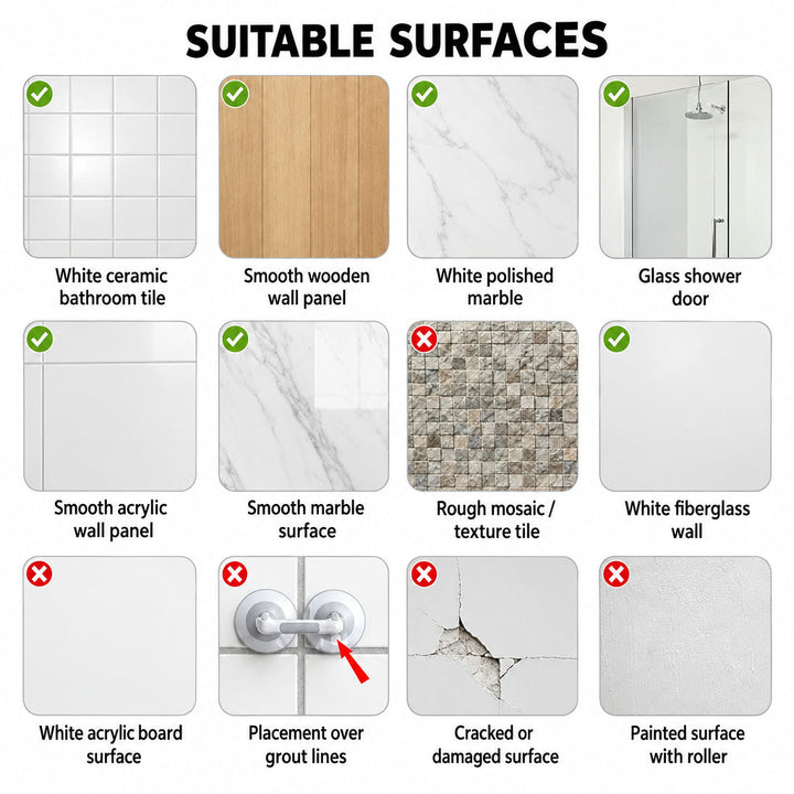 Chart showing which surface samples work with the suction grab bar and which do not.
