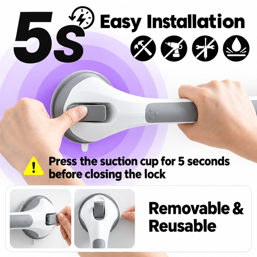 Detail of hands pressing the suction cup and lock lever for no-drill installation.