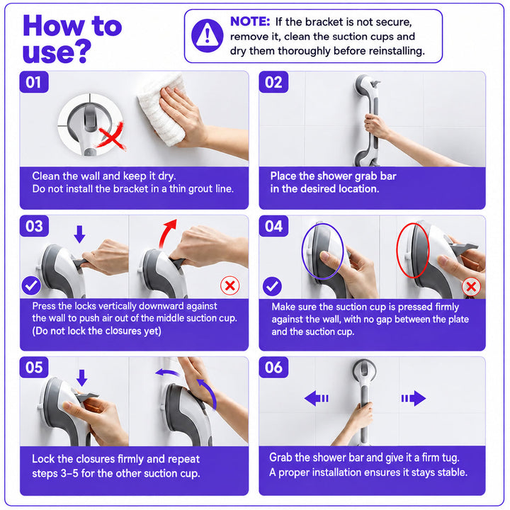 Six-step usage guide for the grab bar on a smooth wall.