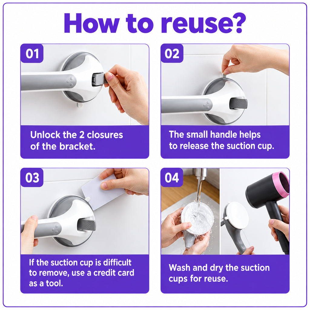 Four-step reuse guide for releasing, washing and drying the suction cups.