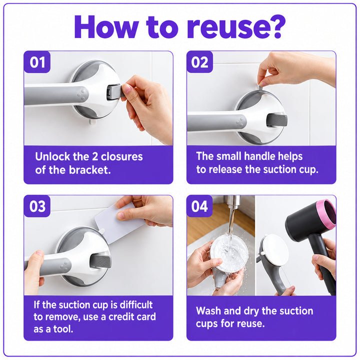 Four-step reuse guide for releasing, washing and drying the suction cups.