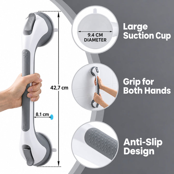 Hand holding the grab bar with measurement callouts and close-ups of the suction cup and handle.