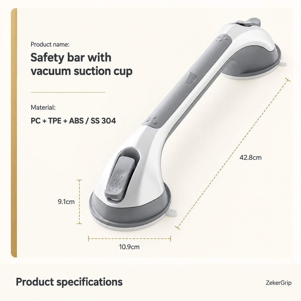 Angled product view of the white and gray grab bar with dimension lines and materials details.