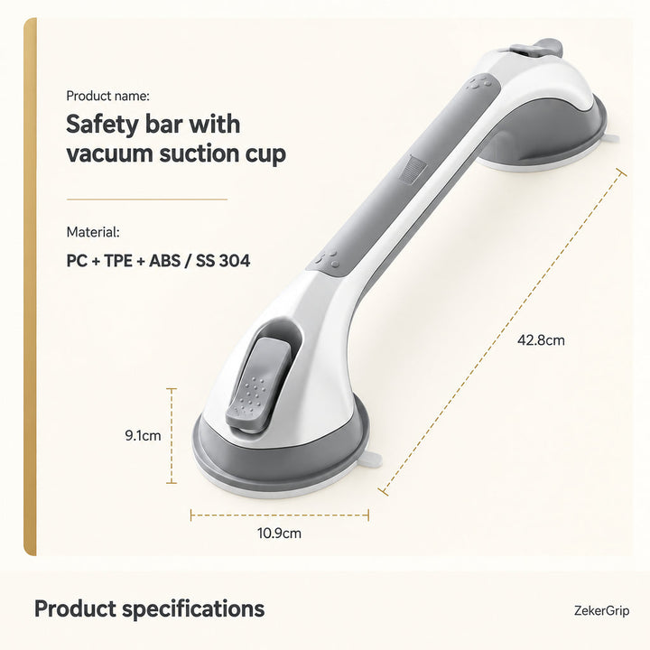 Angled product view of the white and gray grab bar with dimension lines and materials details.