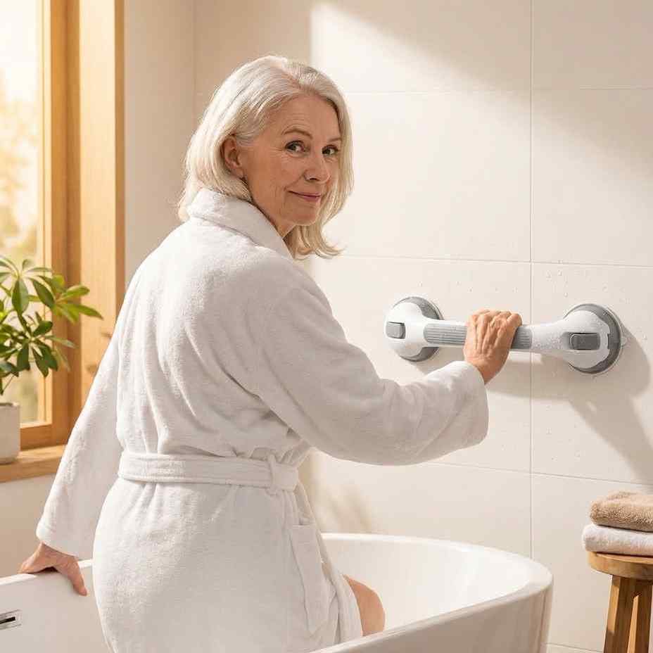 White and gray suction grab bar mounted on a tiled wall beside a woman in a white bathrobe.
