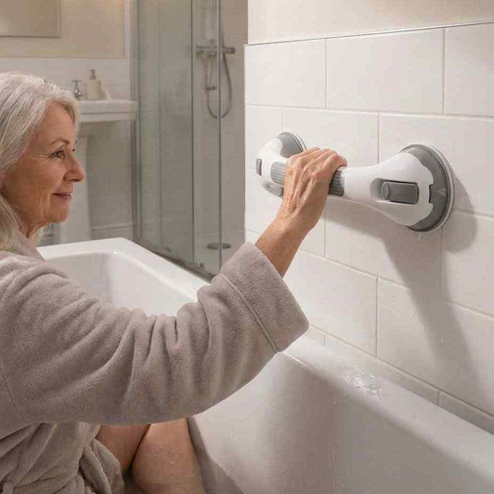 Smiling woman in a gray robe sits in a bathtub, holding the grab bar mounted on white tile.