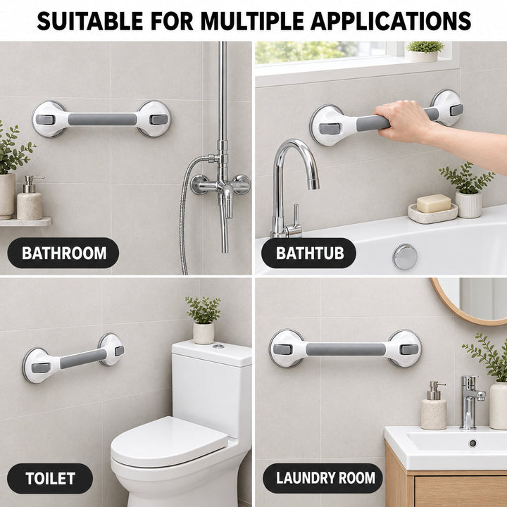 Four-panel collage showing the grab bar in a bathroom, beside a bathtub, next to a toilet and in a laundry room.