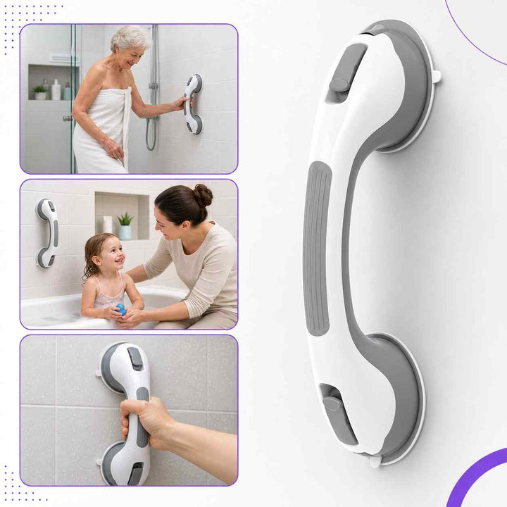 Grab bar shown at an angle with small scenes of use in the shower, bathtub and by hand grip.