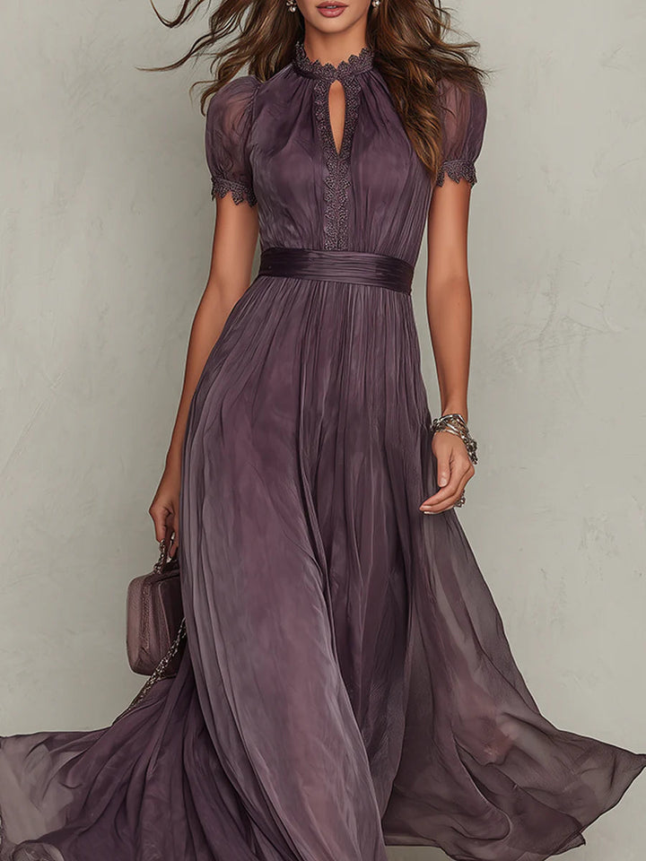 Women's purple dress bodice close-up with a lace-trimmed keyhole neckline, puff sleeves, and gathered waist.