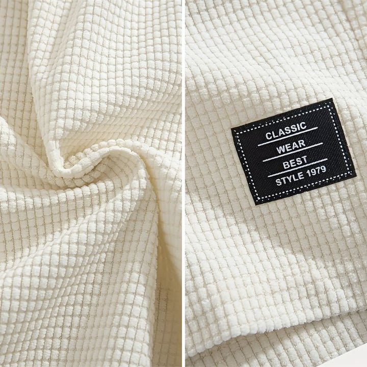 Close-up collage of cream waffle-knit fabric gathered in a swirl beside a detail of the black woven label 9