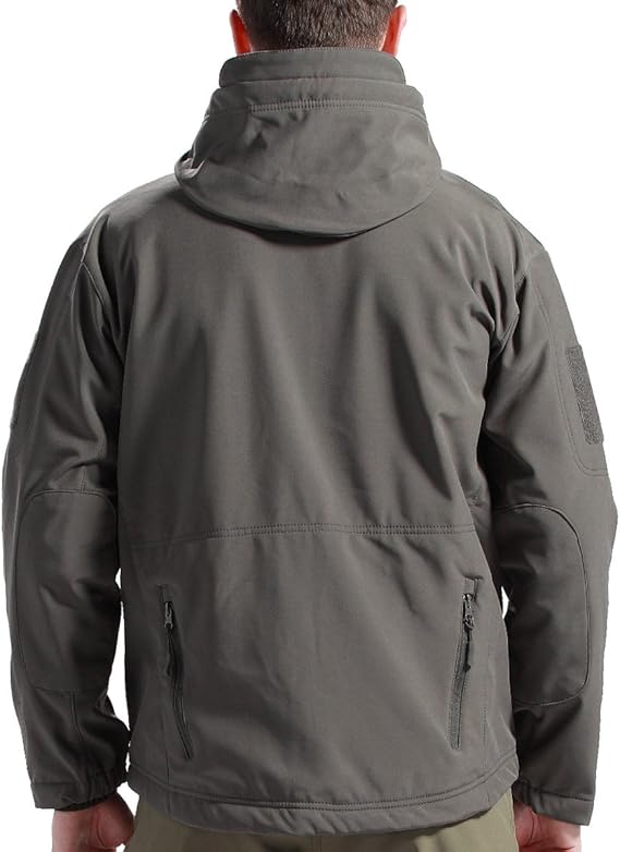 Back view of the gray hooded jacket on a man, showing the hood, elbow patches, stitched seam and lower zip pockets. 9
