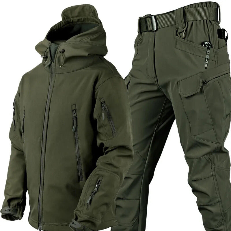 Olive green hooded jacket and matching cargo pants with belt displayed together, showing the fleece-lined collar and multiple pockets. 12