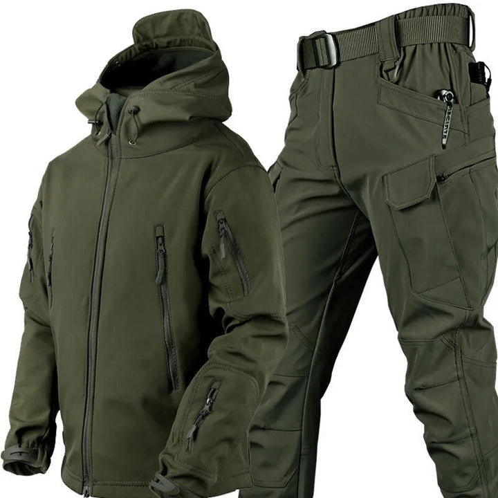 Olive green hooded jacket and matching cargo pants with belt displayed together, showing the fleece-lined collar and multiple pockets. 12