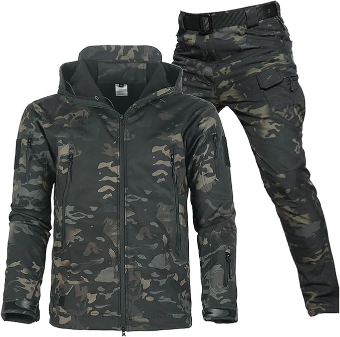 Dark camouflage hooded jacket and matching cargo pants with belt displayed together, showing zippered pockets and a fleece-lined collar. 18