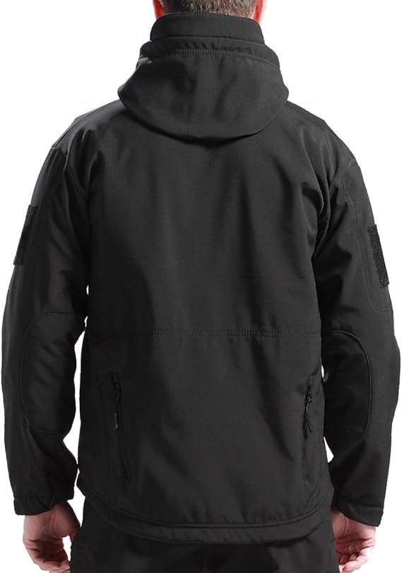 Back view of the black hooded jacket on a man, showing the stitched back panel, elbow patches and lower zip pockets. 3