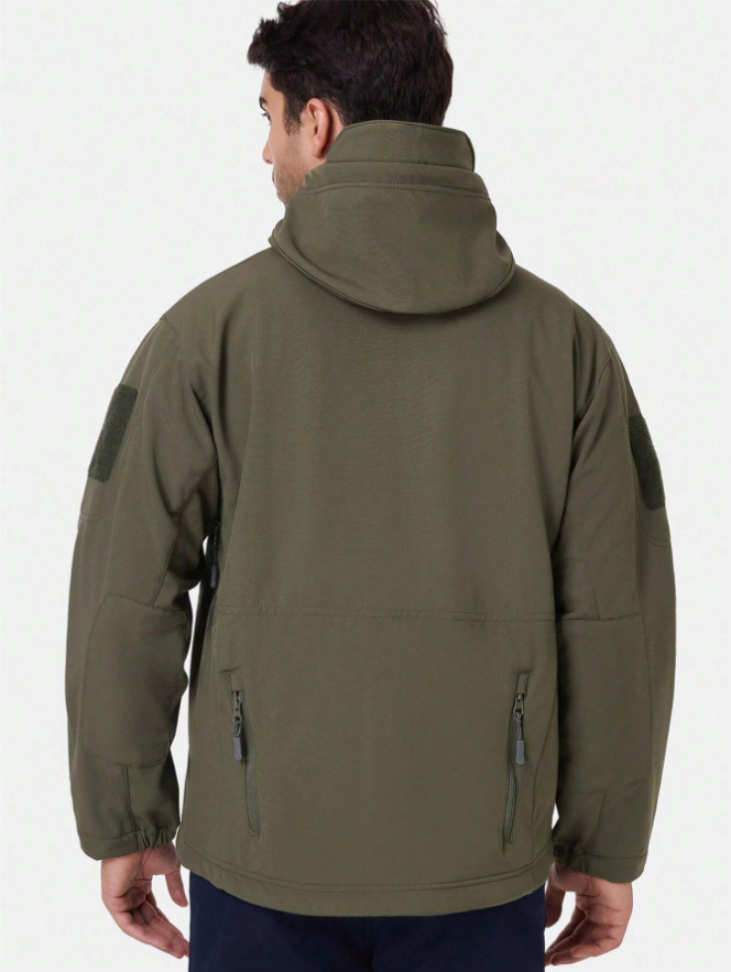 Back view of the olive green jacket on a man, showing the raised hood, elbow patches and two lower zip pockets. 5