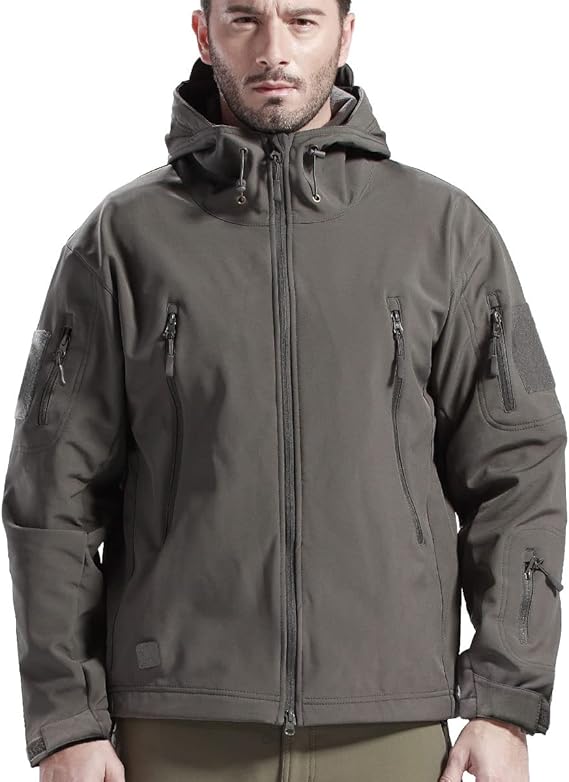 Man wearing the gray hooded jacket, front view, with drawcord hood, chest zip pockets, sleeve patches and cuff tabs. 8
