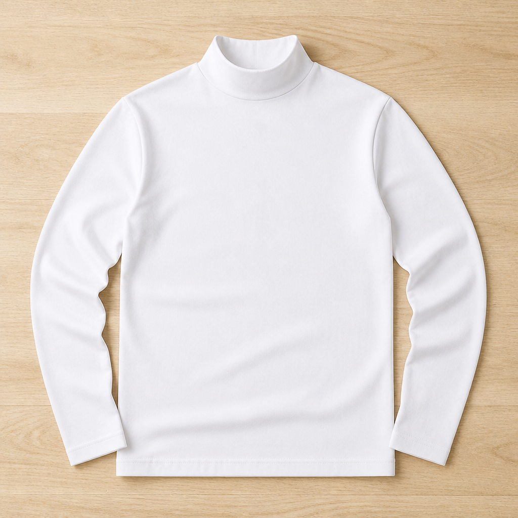 White long sleeve tee with a high neck collar laid flat on a pale wood surface, front view.