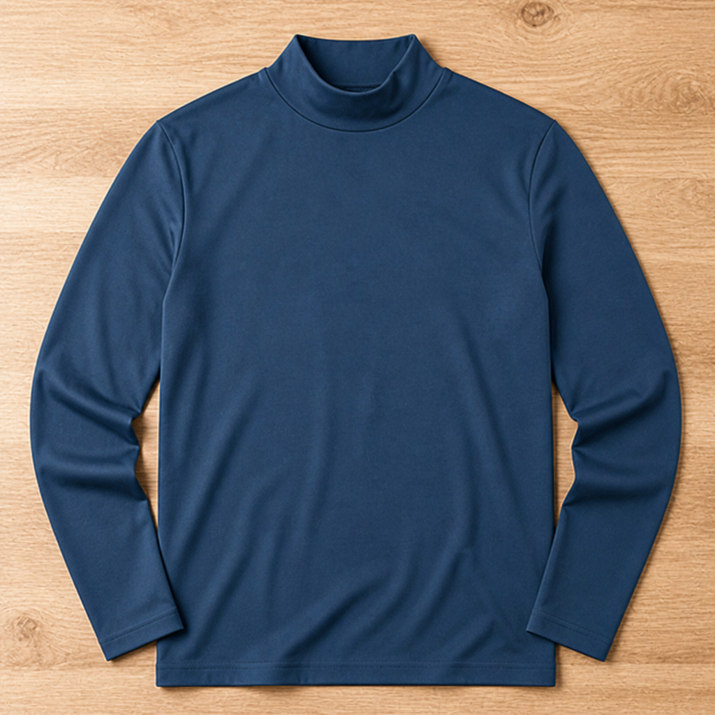 Navy blue long sleeve tee with a high neck collar laid flat on a light wood surface, front view.