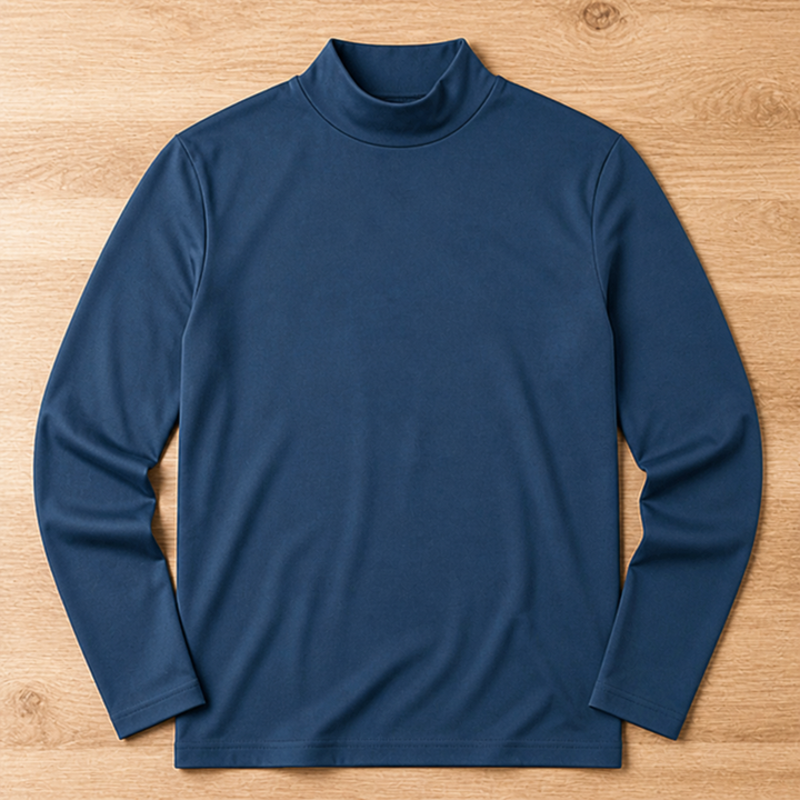 Navy blue long sleeve tee with a high neck collar laid flat on a light wood surface, front view.