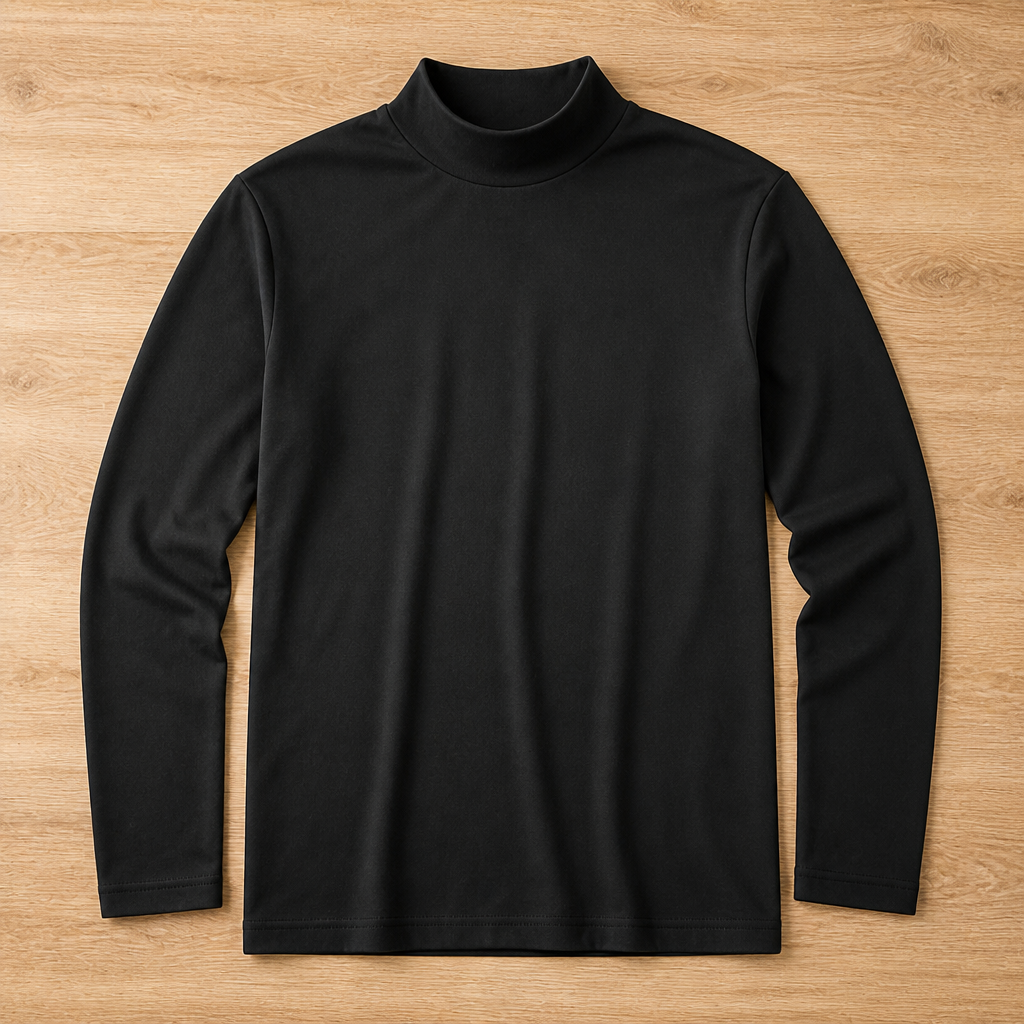 Black long sleeve tee with a smooth high neck collar laid flat on a warm wood surface, front view.