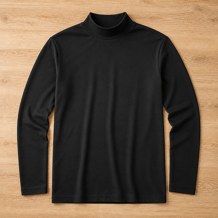 Black long sleeve tee with a smooth high neck collar laid flat on a warm wood surface, front view.